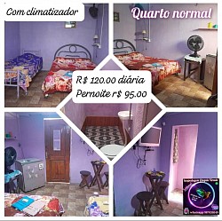 Quarto normal tem cama de casal e cama de solteiro e 2 ventiladores e televisão e frigobar e banheiro dentro e 2 espaço pra rede cabe total 5 pessoas